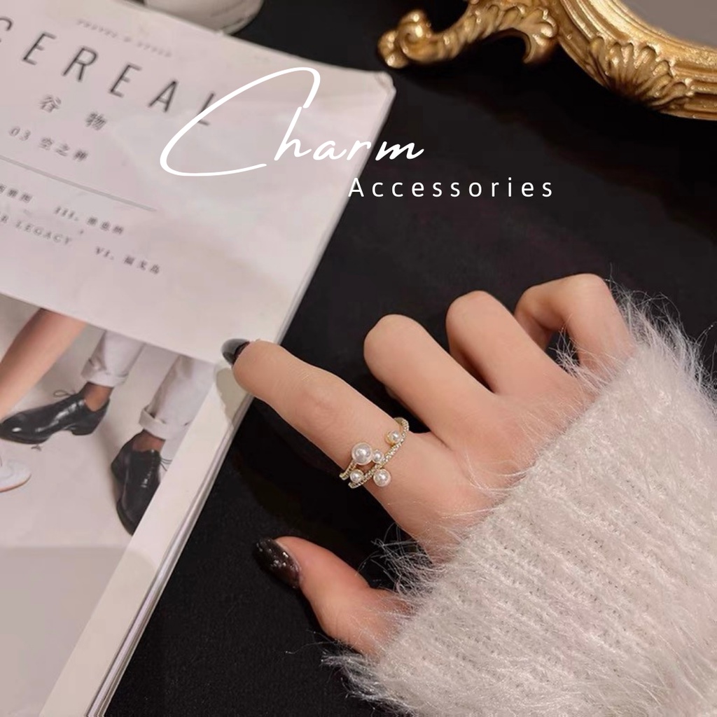 Nhẫn Nữ Đính Đá Mix Hạt Trai Điều Chỉnh Kích Thước Theo Cỡ Tay