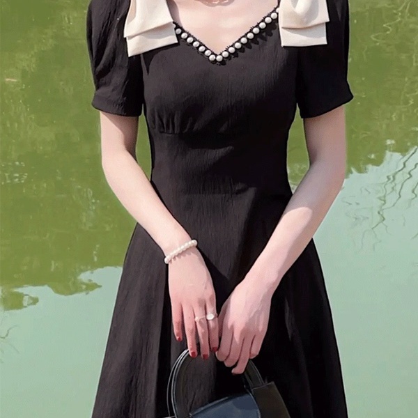 Đầm Đen Dáng Dài Thắt Nơ Phong Cách Pháp Cổ Điển Thời Trang Mùa Hè Xinh Xắn