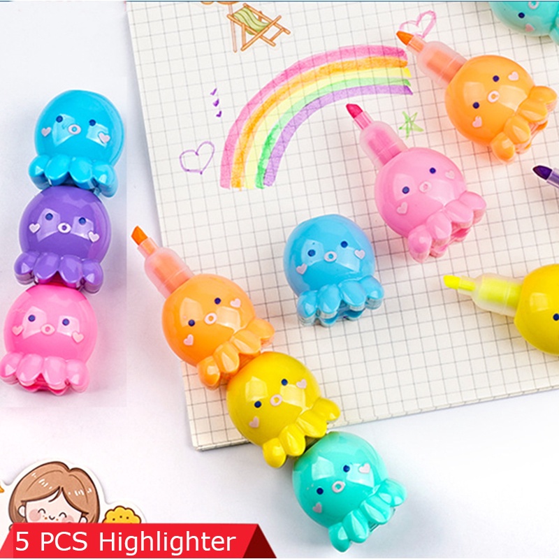 Set bút dạ quang 5 màu hình bạch tuộc dễ thương cho học sinh