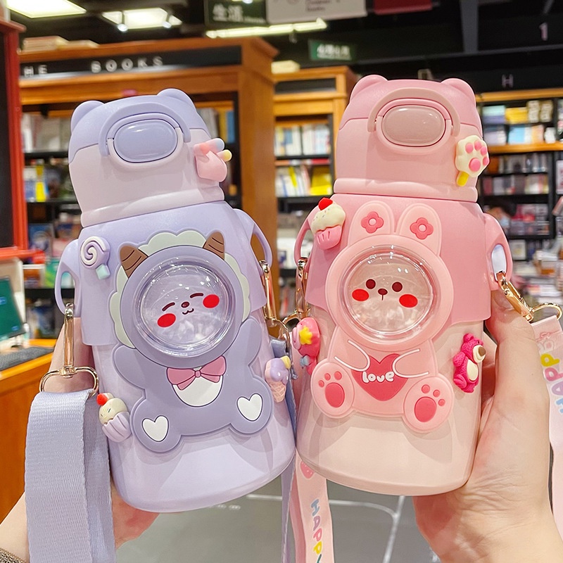 520Ml Trẻ Em Giữ Nhiệt Màu Có Ống Hút Trẻ Em Bé Trai Và Bé Gái Hoạt Hình Ống Hút Nước Cốc Có Miếng Dán Cho Tiểu học Sinh Trường Firstonly