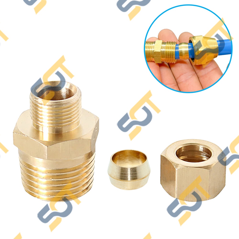 Thẳng G 3/8  Ren Ngoài Siết Hạt Bắp & Nhẫn Dùng Nối Ống Nhựa Pu & Ống Đồng - Compression Male Connector Kép Cút NPT