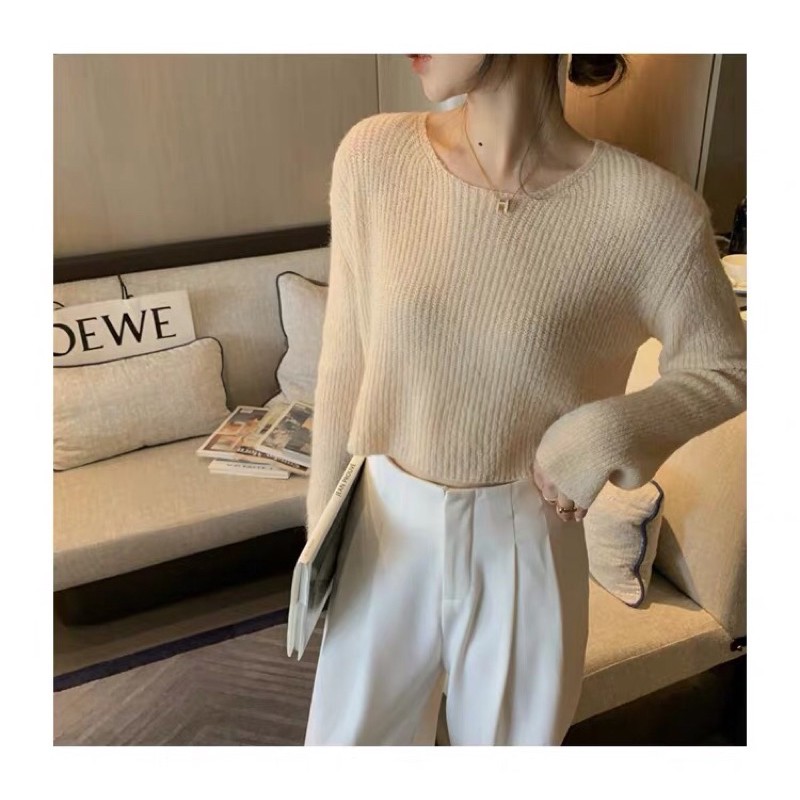 (Ảnh thật) Áo len dệt kim mỏng cổ tròn dáng croptop tay loe dài ulzzang cá tính thu đông 2020 màu trắng, kem, hồng, đen