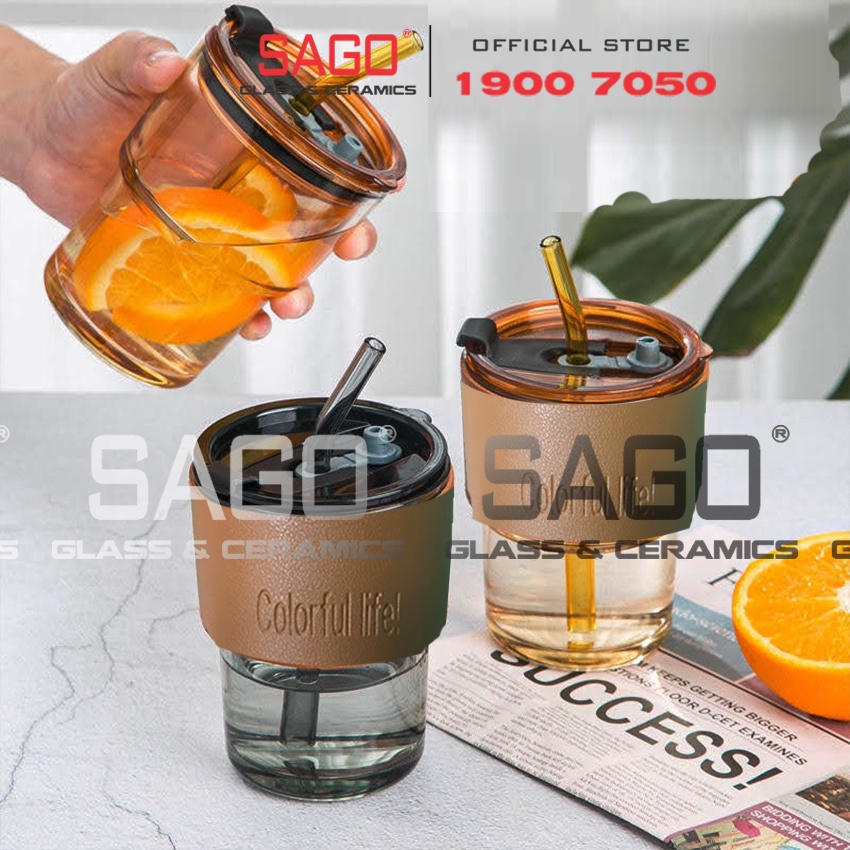 [ Siêu Hot ] Ly Thủy Tinh Hai Tầng INS Water Cup 400ml Có Nắp | Tùy Chọn Có Bao Da và Óng Hút Thủy Tinh