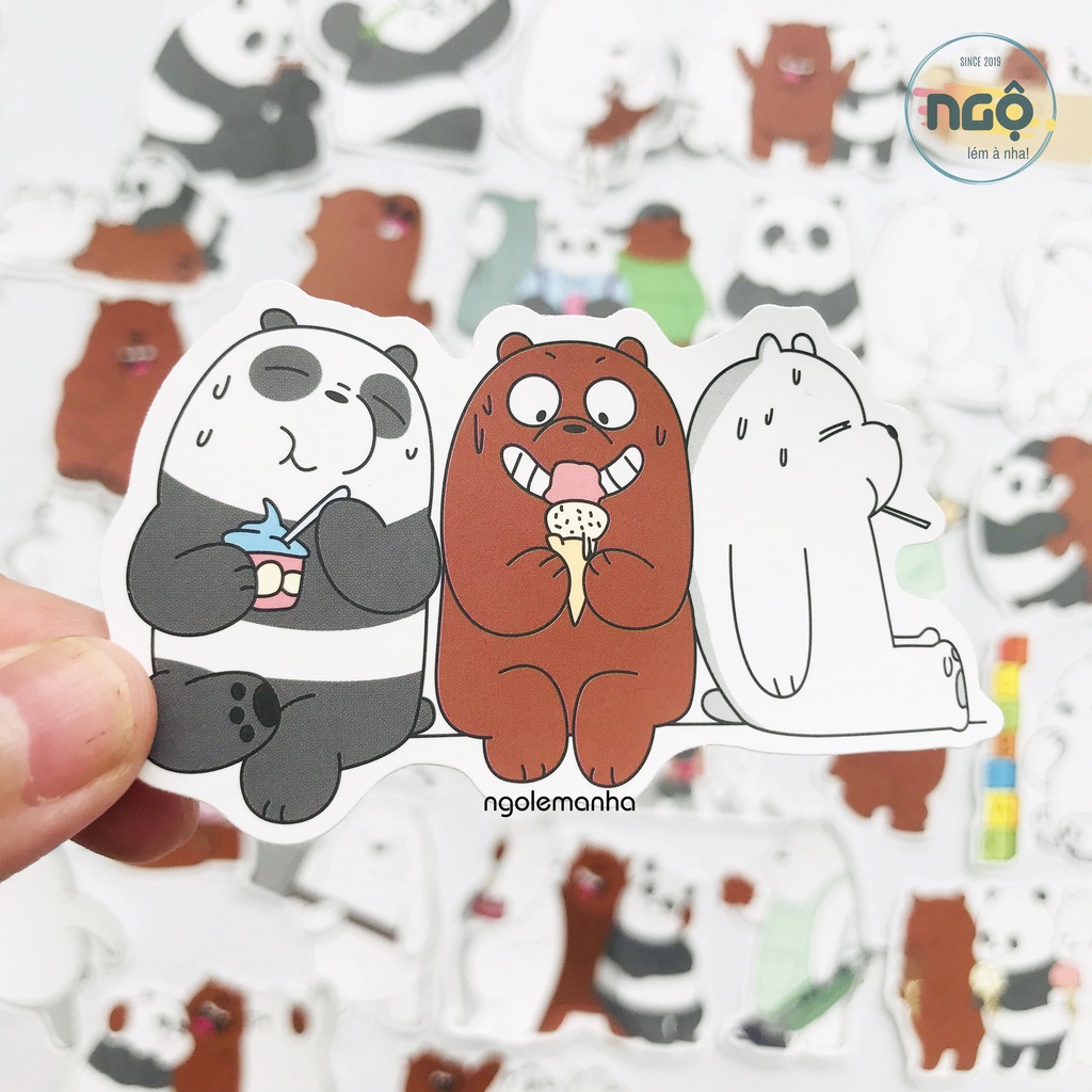 Bộ 36 Stickers Bộ 3 Gấu Trắng Nâu Trúc