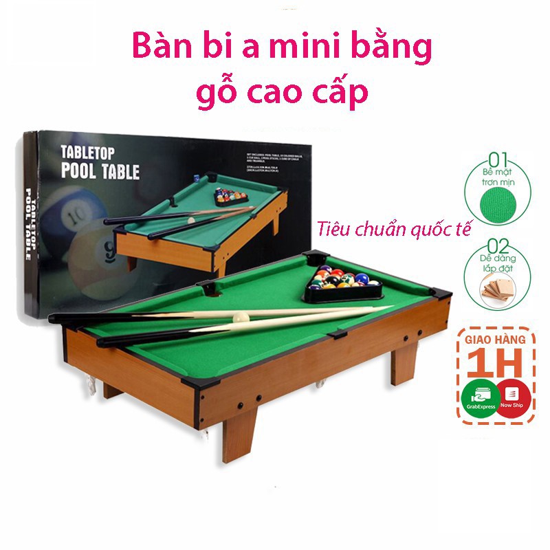 Bàn bi a mini bằng gỗ cao cấp tiêu chuẩn quốc tế, Gồm 15 bi đánh số + 2 Gậy + 1 lơ, Mặt bàn vải Nỉ cao cấp