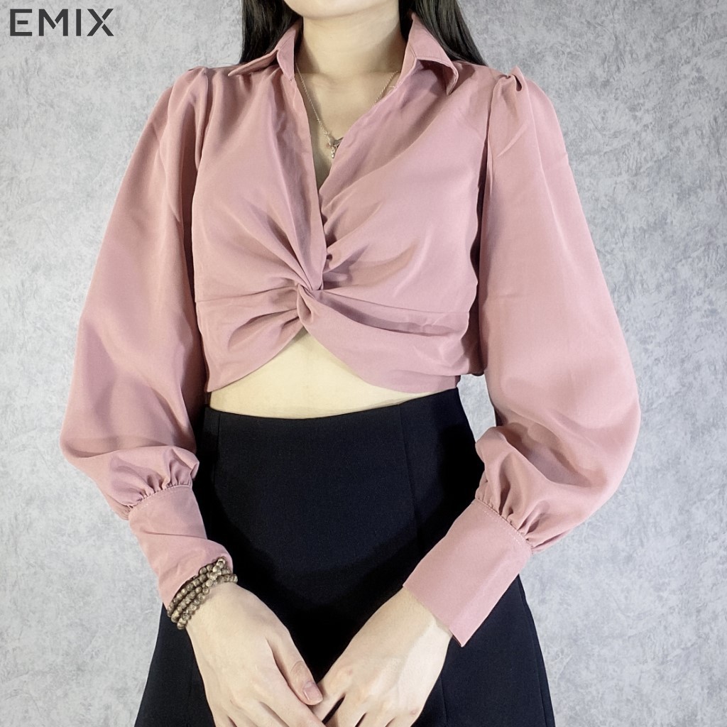 Áo sơ mi nữ xoắn eo EMIX (màu hồng), croptop, dài tay, không có cúc, bồng, vải lụa, mềm mịn, không nhăn