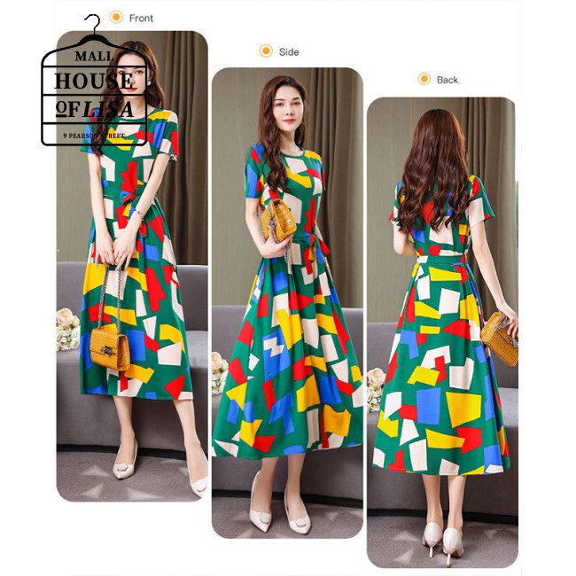 Flower Printed Bowknot Waist-slimming Long Skirt  Short-sleeved Dress Crew-neck Size Women Plus