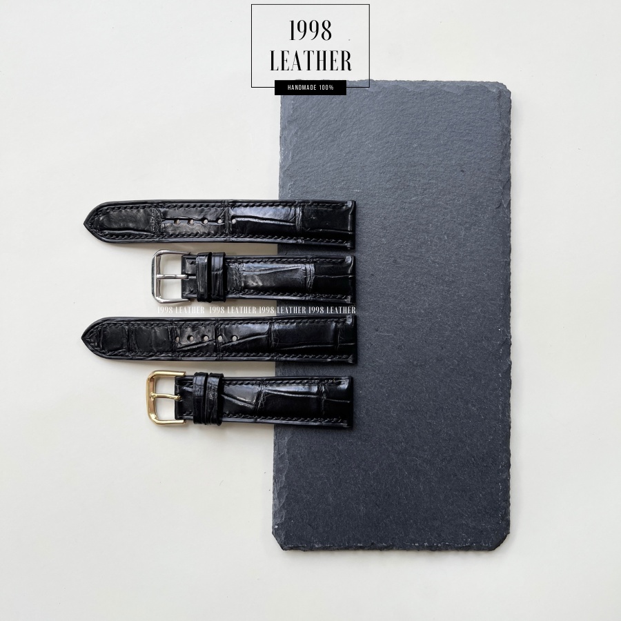 Dây Đồng Hồ Da Cá Sấu Thật Size 22mm, 20mm, Handmade Cao Cấp, Màu Đen, Chống Nước, Chính Hãng, Bảo Hành 6 Tháng