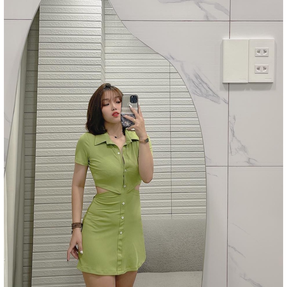 ĐẦM XANH KHOÉT EO CỔ POLO
