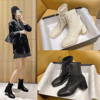 Giầy bốt nữ cổ cao boot da lì xỏ dây gót 7 phân mũi vuông thời trang