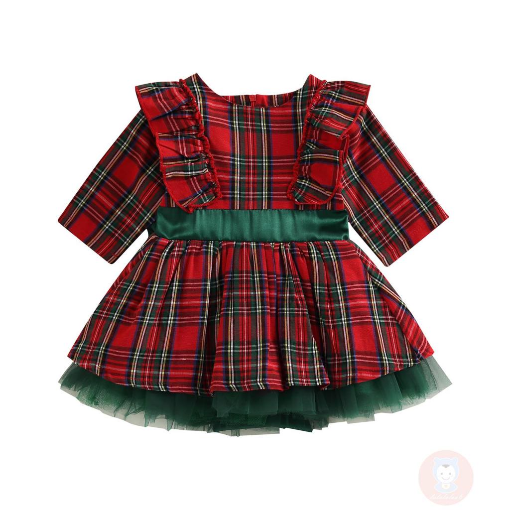 Đầm Chữ A Tay Dài Cổ Tròn Họa Tiết Kẻ Sọc Phối Vải Tuyn Thời Trang Giáng Sinh Cho Bé Gái LAA6