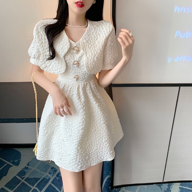 Đầm Váy Liền Nữ Màu Trắng Thiết Kế Vải Xốp Dáng Xoè Tay Bồng Tiểu Thư Hàn Quốc Nhẹ Nhàng Mặc Dự Tiệc Đám Cưới Sinh Nhật