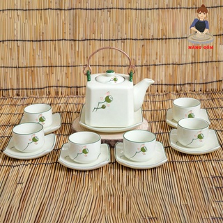 Bộ Ấm Pha Trà Men Kem Họa Tiết Vẽ Đài Sen Nàng Gốm Bát Tràng( bộ bình trà, uống trà)