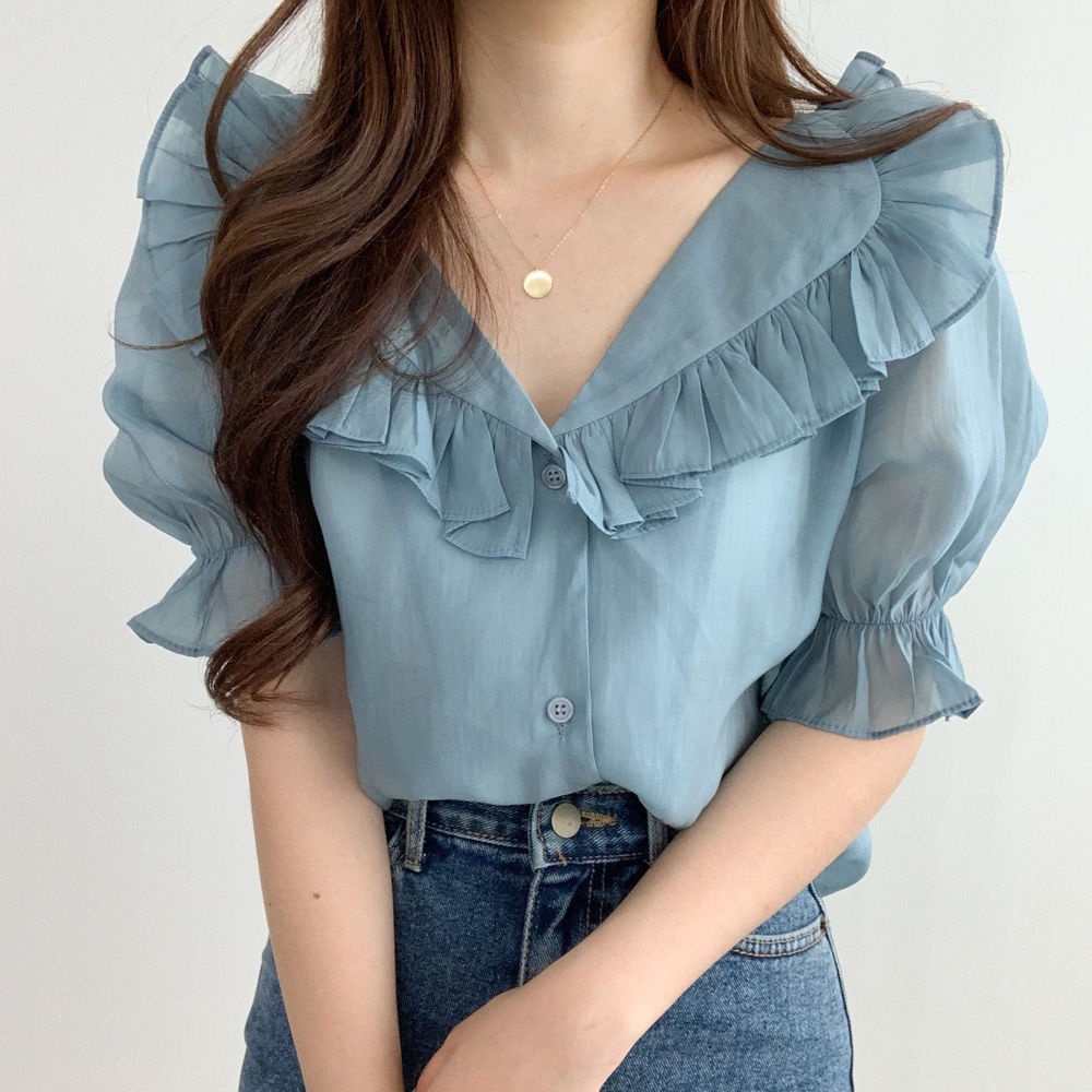 Áo Chiffon Tay Ngắn Phồng Ngọt Ngào Thời Trang Mùa Hè Dành Cho Nữ