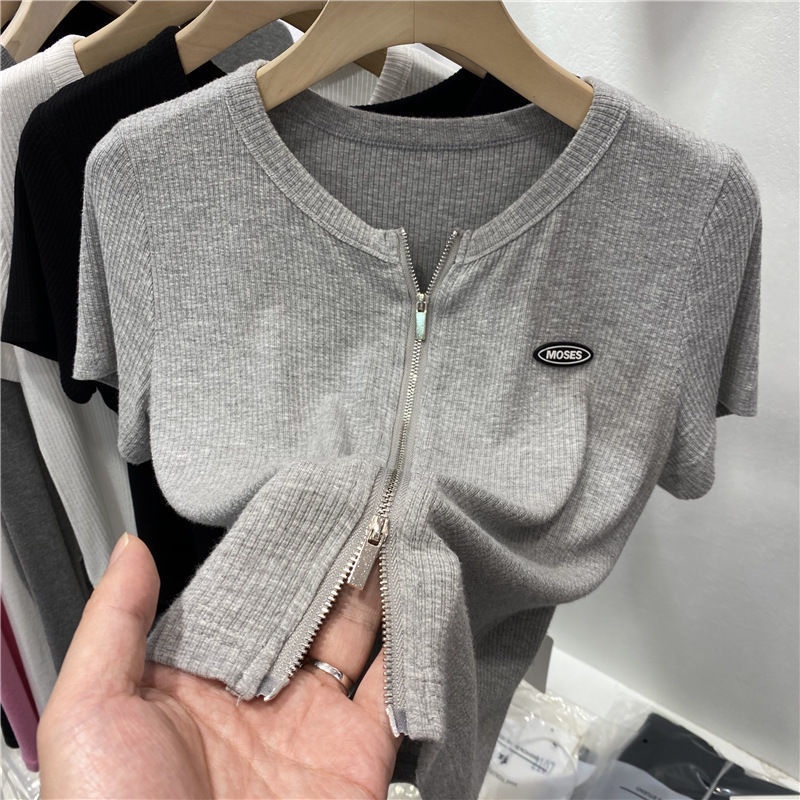 COZOK Áo Thun Ngắn Tay Lưng Cao Dáng Ôm Phối Khóa Kéo Đôi Cá Tính