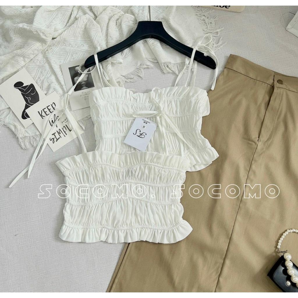 Set áo hai dây nhúm trắng kèm chân váy kaki be Socomo B542023 - Hàng loại 1, chất đẹp - Giá tốt