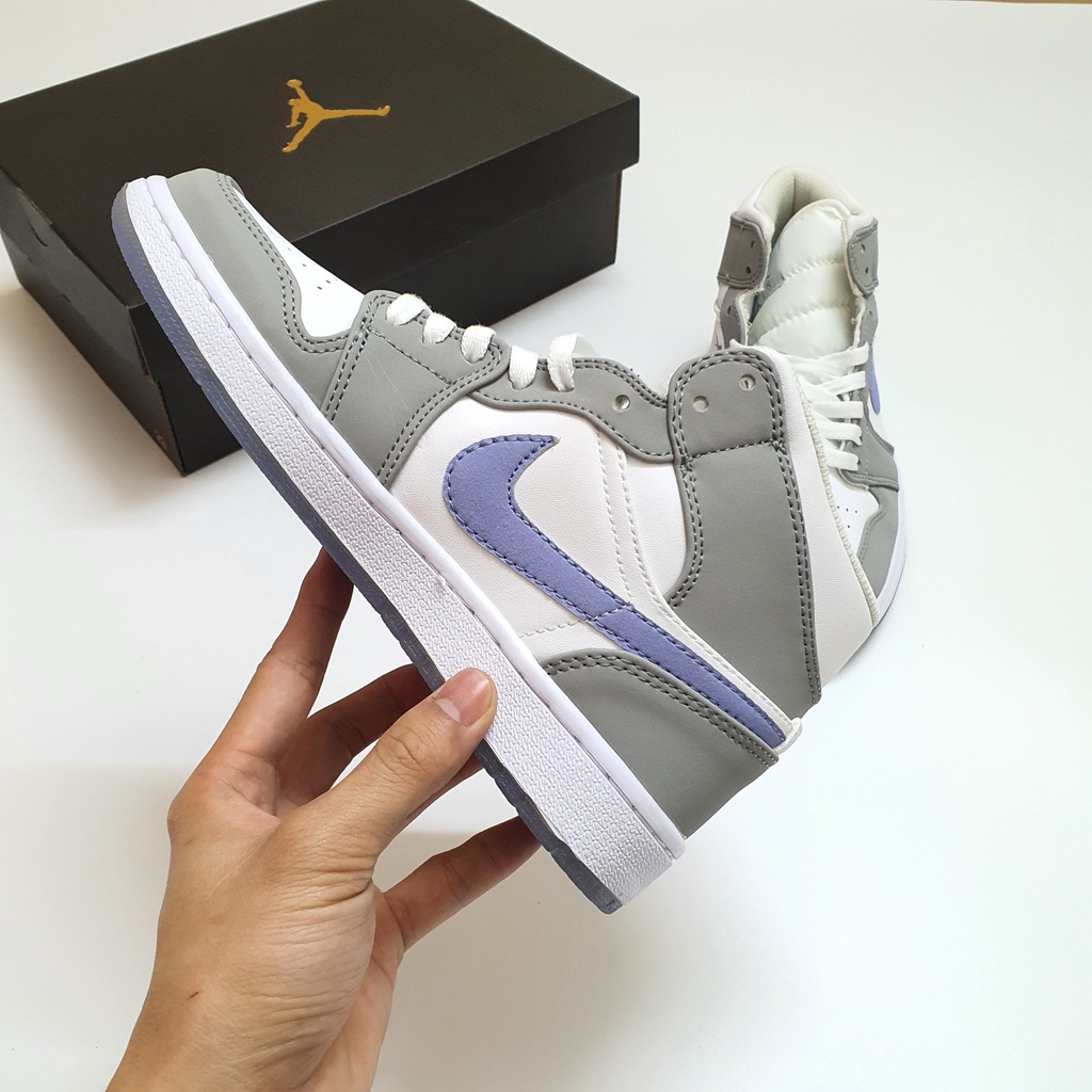 Giày Jordan 1 Mid Wolf Grey Xám Xanh Cao Cấp Fullbox, Giày thể thao jordan 1 cổ cao wolf grey xám xanh, da nhăn cực đẹp