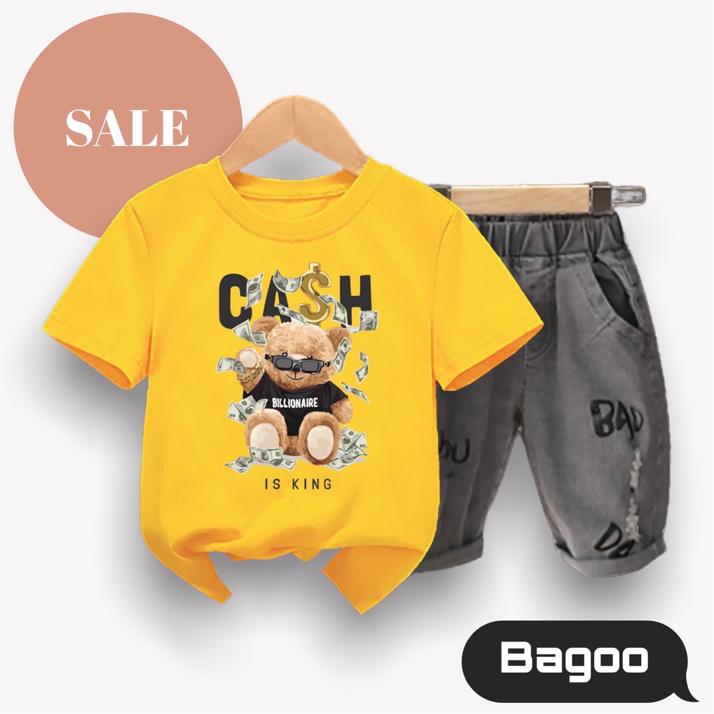 Bộ quần áo cộc tay cho bé in 3D. Áo phông cotton quần jean co giãn 4 chiều thoả mái vận động. mã 02/
