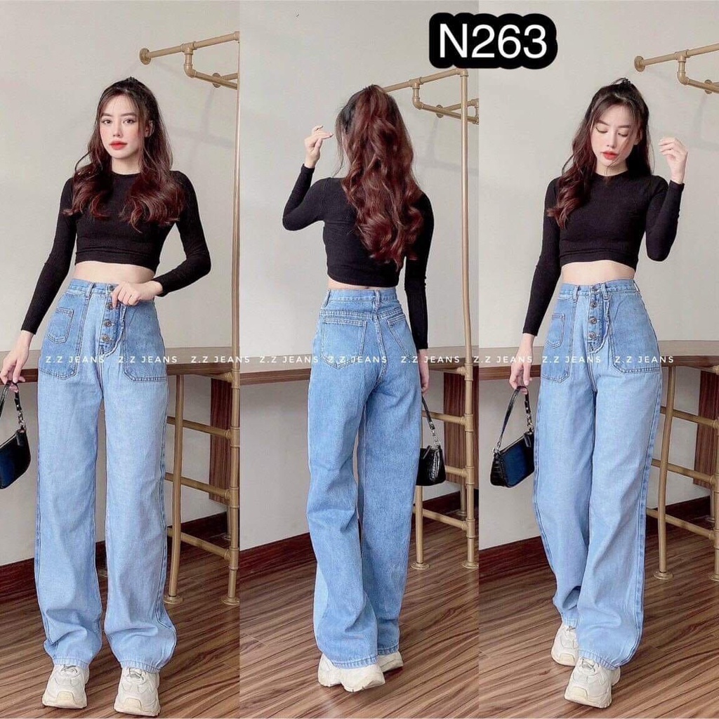 Quần Jean Nữ Ống Rộng Cạp Chéo Lưng Cao Dáng Suông Chất Bò Dày Dặn Phong Cách Ulzzang Hàn Quốc 263