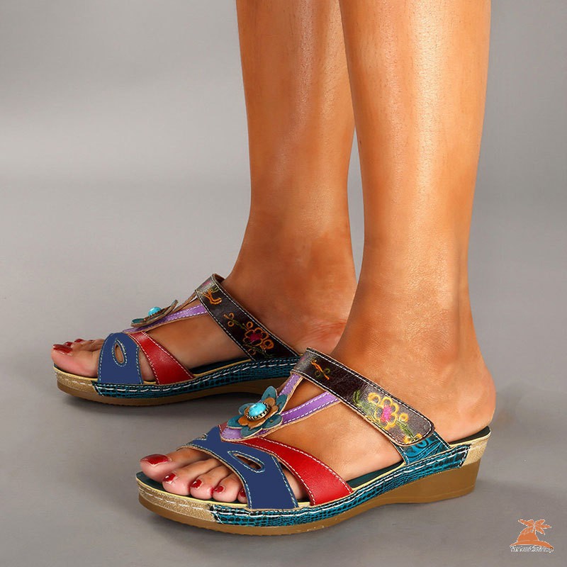 #dep Lê# Women Sandals Fashion Ethnic Style Flowers Sandals Wedges Flip Flop Ladies Shoes