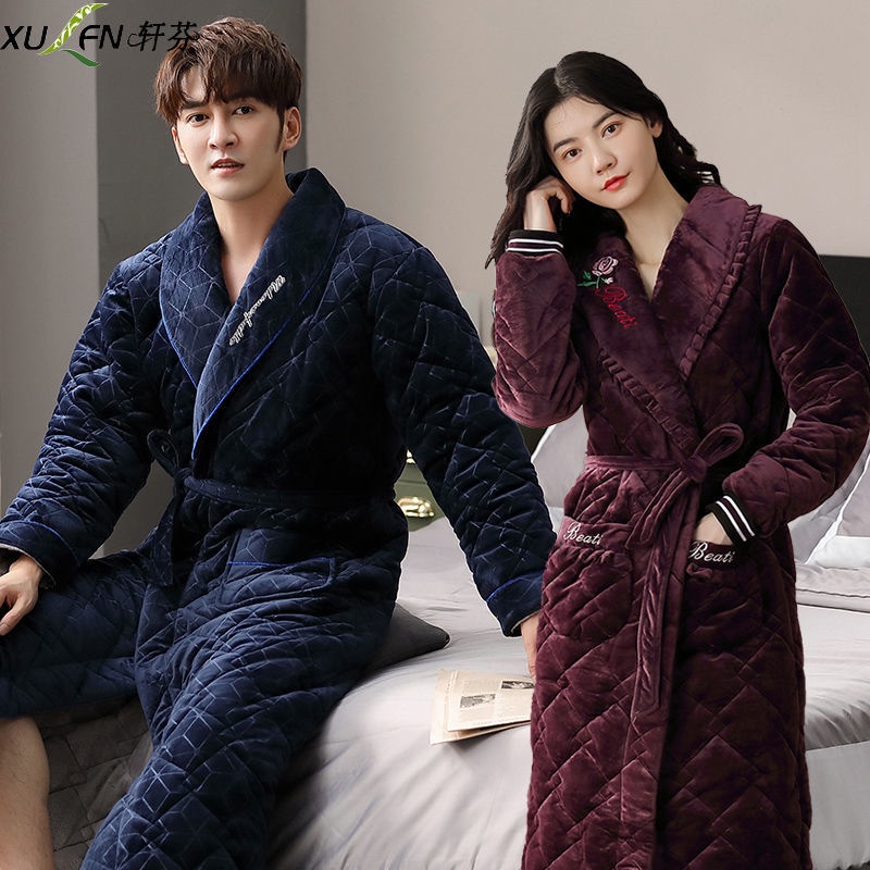 Chất Lượng Tuyệt Vời👍Áo Choàng Tắm/Ngủ Dáng Dài Lót Lông Cừu San Hô Dày Dặn Thời Trang Cho Nam Và Nữ