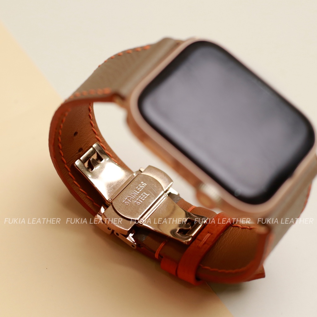 Dây da thủ công Epsom nâu tây mix cam dành cho Apple Watch, đồng hồ thông minh, đồng hồ cơ