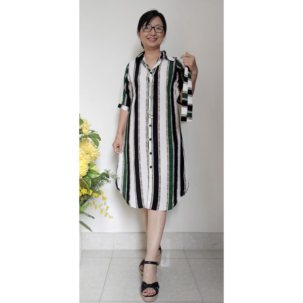 Đầm Trung Niên Kiểu Sơ Mi - Vải Lụa Đũi Ý - Có Dây Cột Ngang Eo - Size 48kg - 85kg | BigBuy360 - bigbuy360.vn