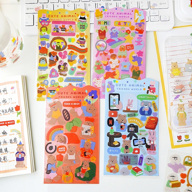 Sticker Set 4 Tấm PVC Trang Trí Cute Animal Friends World