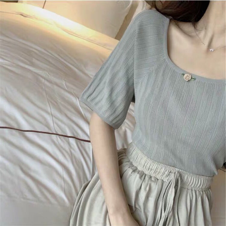 Áo dệt kim tay ngắn phồng cổ vuông phong cách retro Pháp