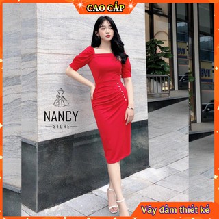 Váy body cổ vuông, tay bồng, hoa ngực, ngọc đính eo Nancy A9
