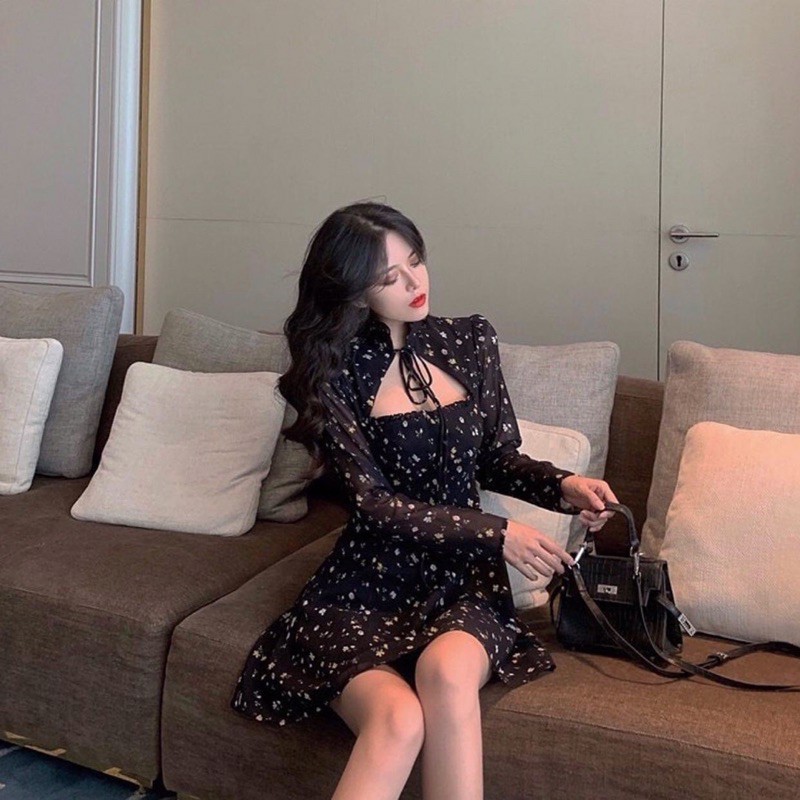 Đầm hoa nhí đen cột nơ cổ