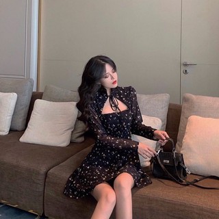 Đầm hoa nhí đen cột nơ cổ