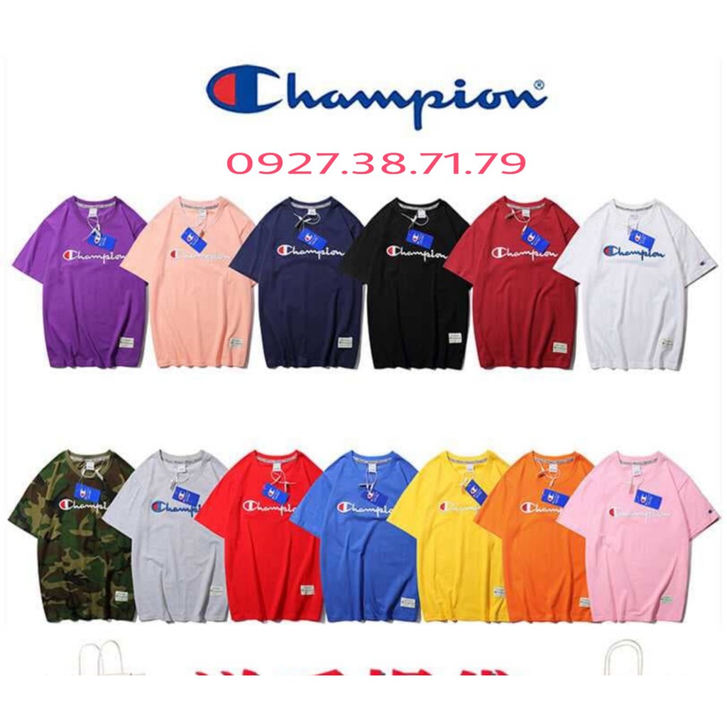 (CÓ SẴN) Áo Thun Champion chữ và logo THÊU kèm tag bên dưới vạc áo