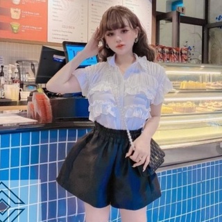 Áo sơ mi nữ cộc tay form rộng vừa tay ngắn ôm dáng kiểu hàn quốc phối ngọc cổ ren tiểu thư Áo sơ mi trắng nữ đi học sinh
