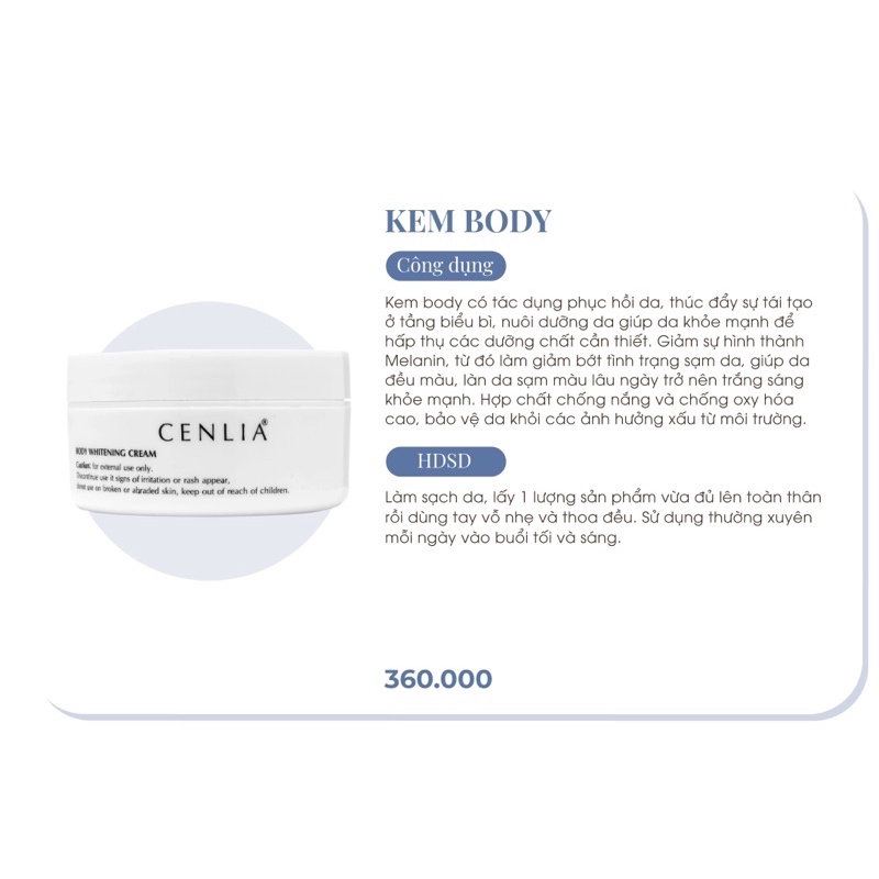 KEM BODY CENLIA ✅[PHÂN PHỐI CHÍNH HÃNG]✅ dưỡng trắng toàn thân, giúp da đều màu, chống nắng nhẹ bảo vệ da