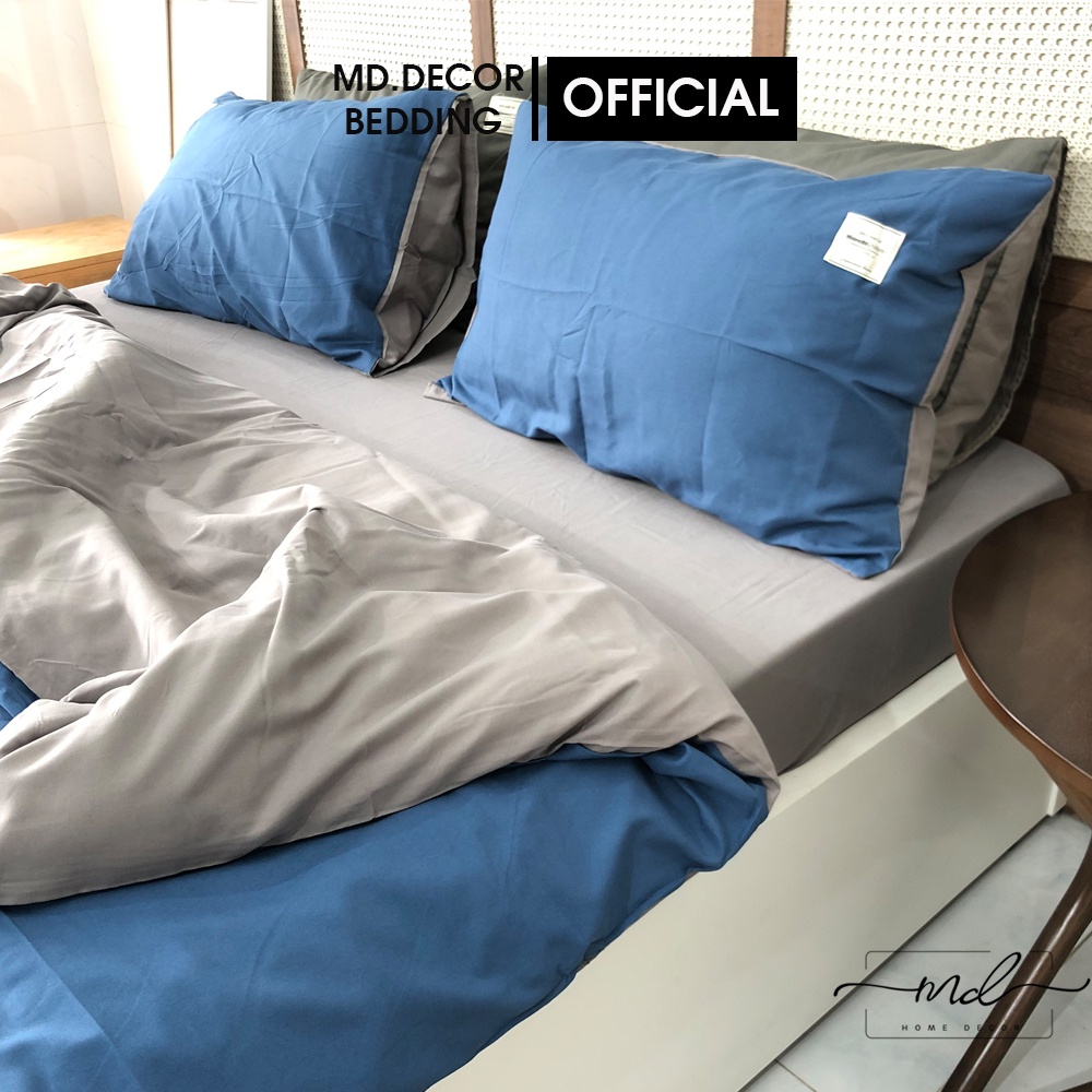 Bộ chăn ga gối cotton tici MD.Decor màu xanh dương phối xám nhiều kích thước nệm m2,m4,m6,m8