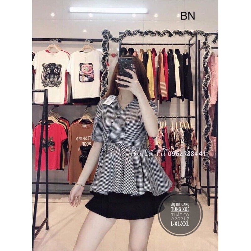 Áo bigsize babydoll đen-kẻ caro 55-90kg