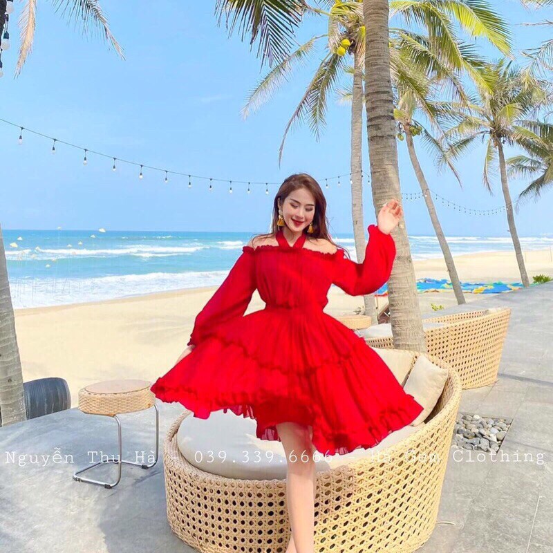 Váy trễ vai bèo dài tay, maxi đi biển, kèm ảnh thật