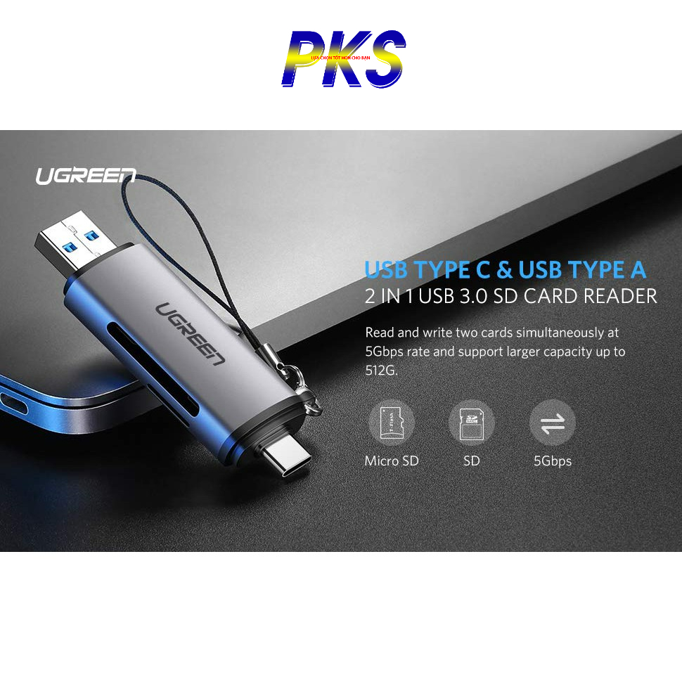 Đầu đọc thẻ nhớ SD, TF chân Type C, USB 3.0 Ugreen 50706 - BH 18 tháng