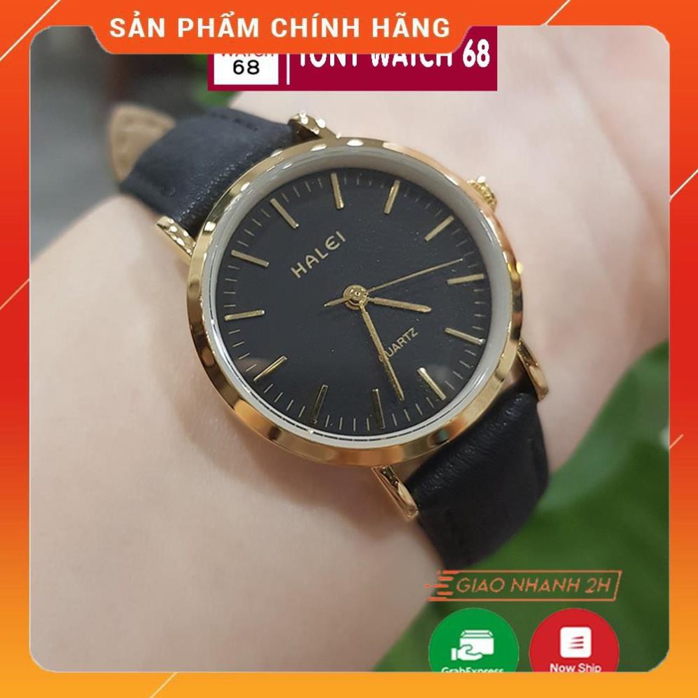 Hot!!! Đồng hồ nữ Halei dây da đen viền mạ vàng mặt vạch chống nước tuyệt đối chính hãng Tony Watch 68 giá re