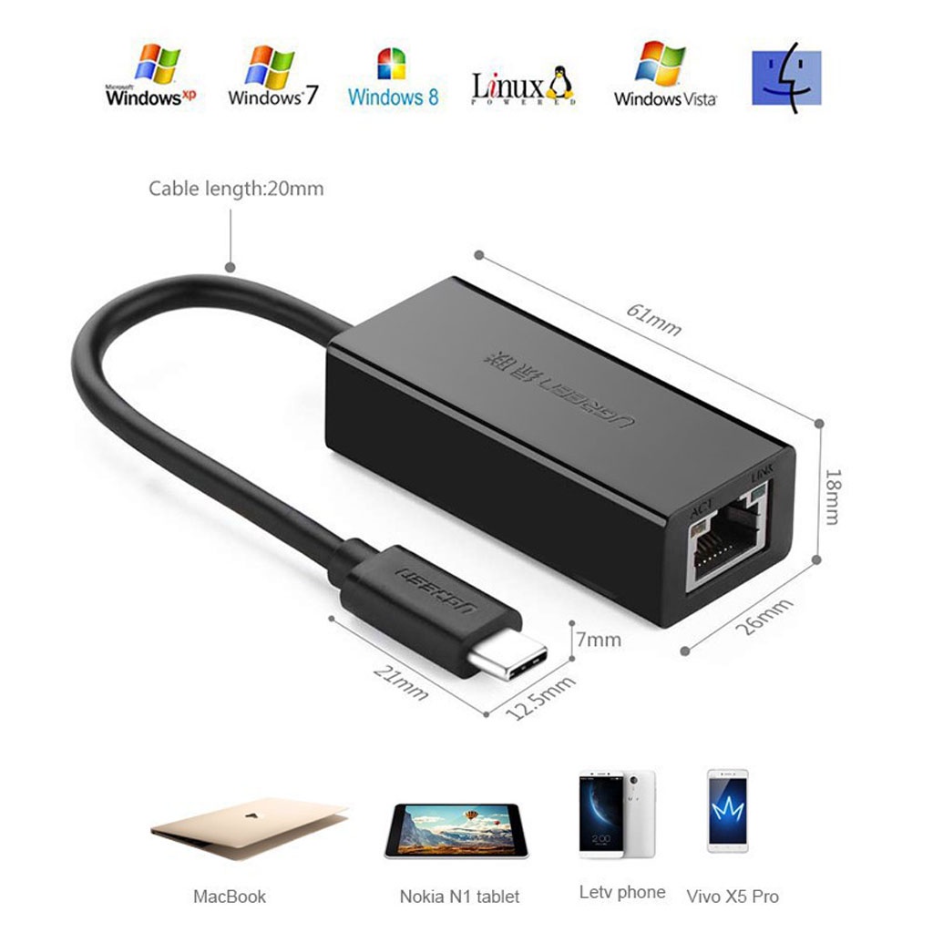 Cáp Chuyển USB Type-C to Lan 10/100/1000Mbps chính hãng UGREEN 50307 / 50737