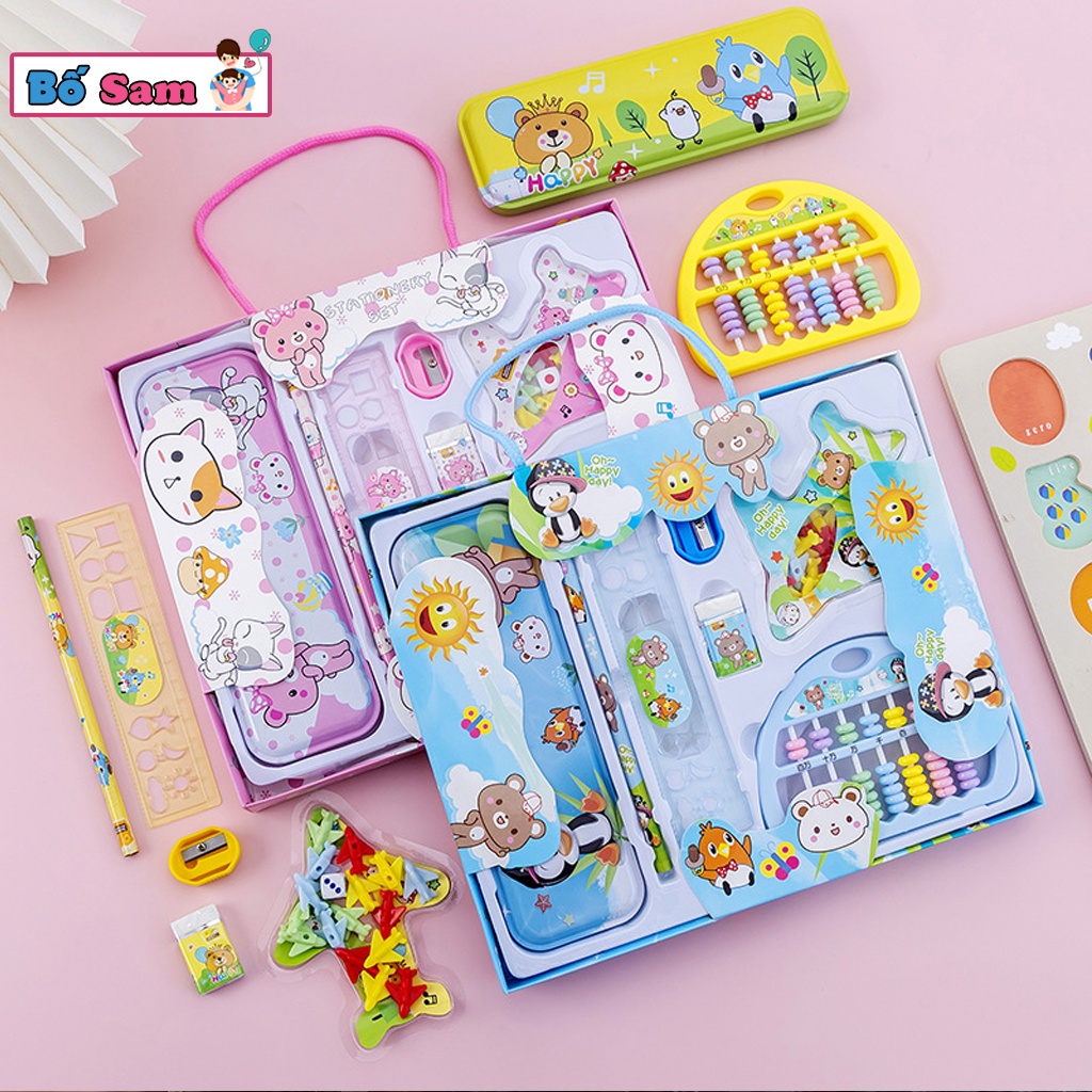 Bộ dụng cụ học tập 8 chi tiết hộp bút, thước kẻ, bàn tính, tẩy, bút chì cute Shop Bố Sam