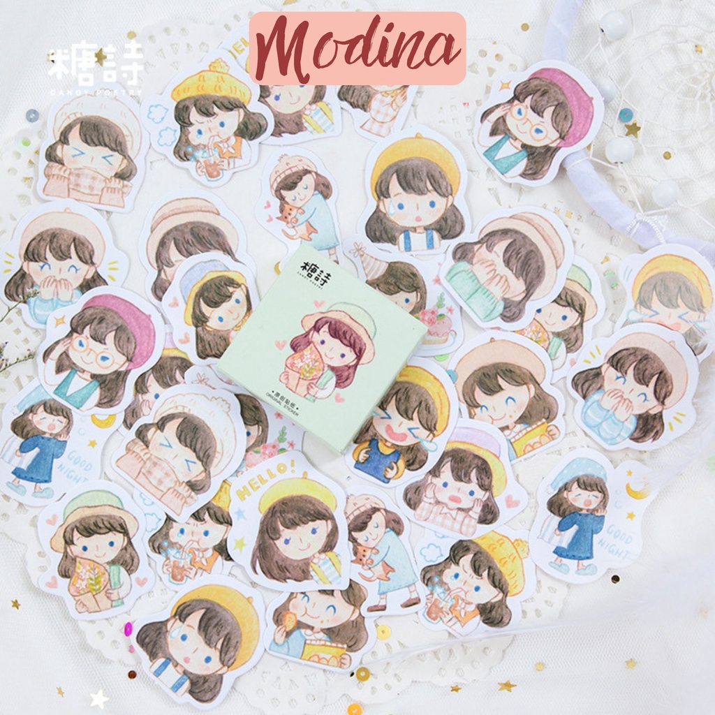 Sticker cute trang trí sổ hình cô gái MODINA set 30 miếng, hình dán sticker cute trang trí sổ nhật ký thiệp quà tặng