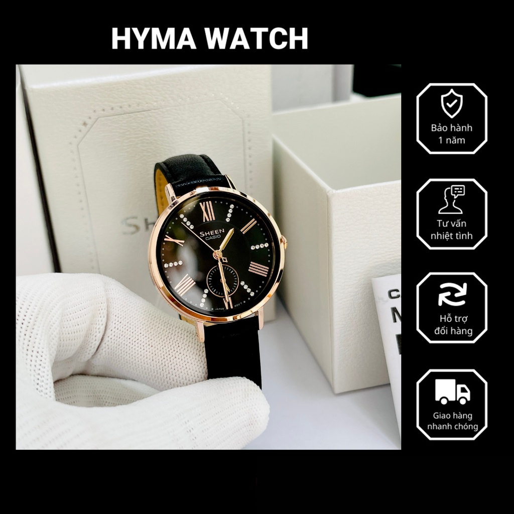 Đồng hồ nữ dây da cao cấp Casio SHEEN SHE 3066PGL-1A Mặt đen chống nước 5ATM Bảo hành 1 năm Hyma watch