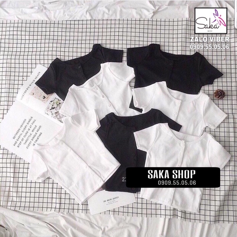 Áo croptop nữ nút trắng đen vải thun gân tăm loại xịn