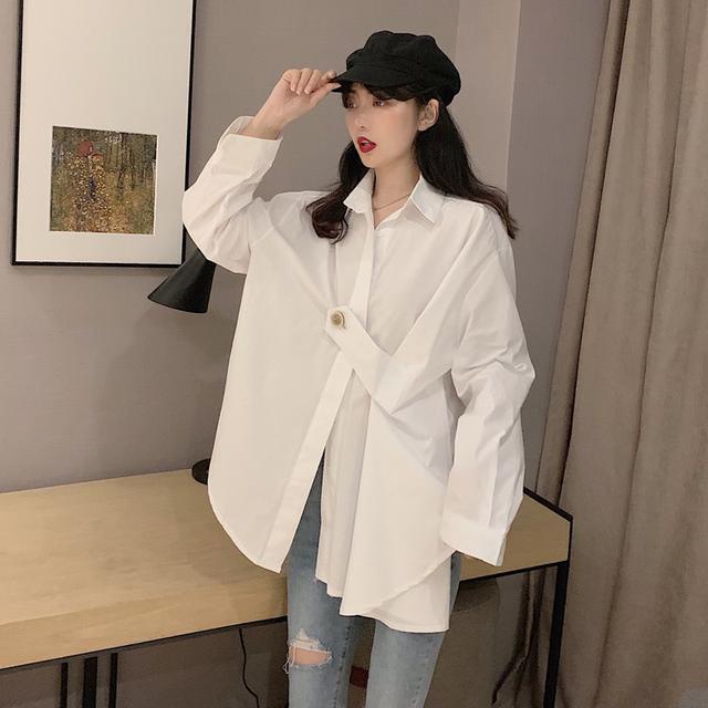 Áo Sơ Mi Trắng Dáng Dài Lệch Tà Kiểu Hàn Quốc Thời Trang Cho Bạn Gái