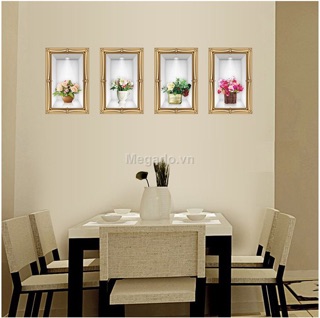 Decal dán tường 3D 4 bức tranh lọ hoa