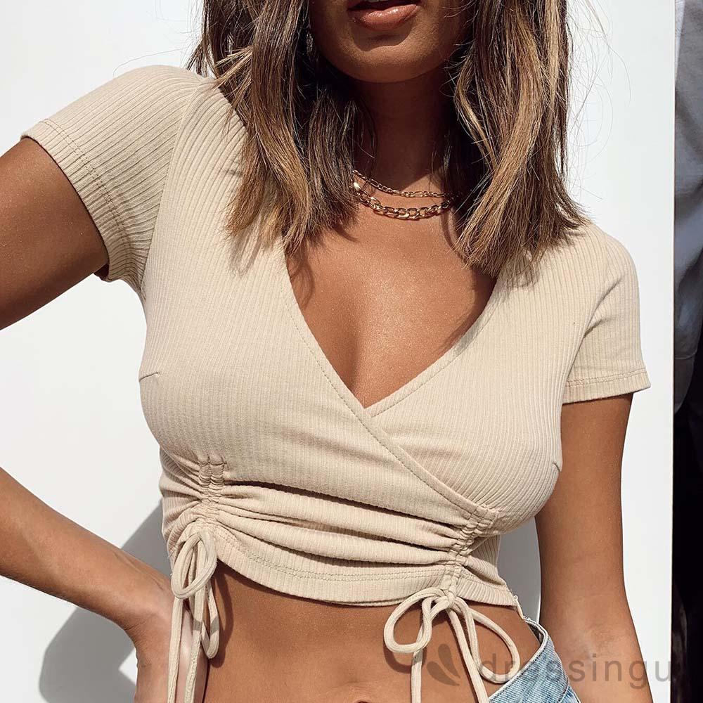 Áo Thun Tay Ngắn Cổ Chữ V Thiết Kế Dây Rút Cá Tính Cho Nữ | BigBuy360 - bigbuy360.vn