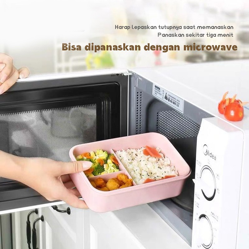 Hộp Đựng Cơm Trưa Ba Ngăn Bằng Sợi Rơm Lúa Mì Kèm Muỗng Đũa Có Thể Dùng Trong Lò Vi Sóng Thời Trang