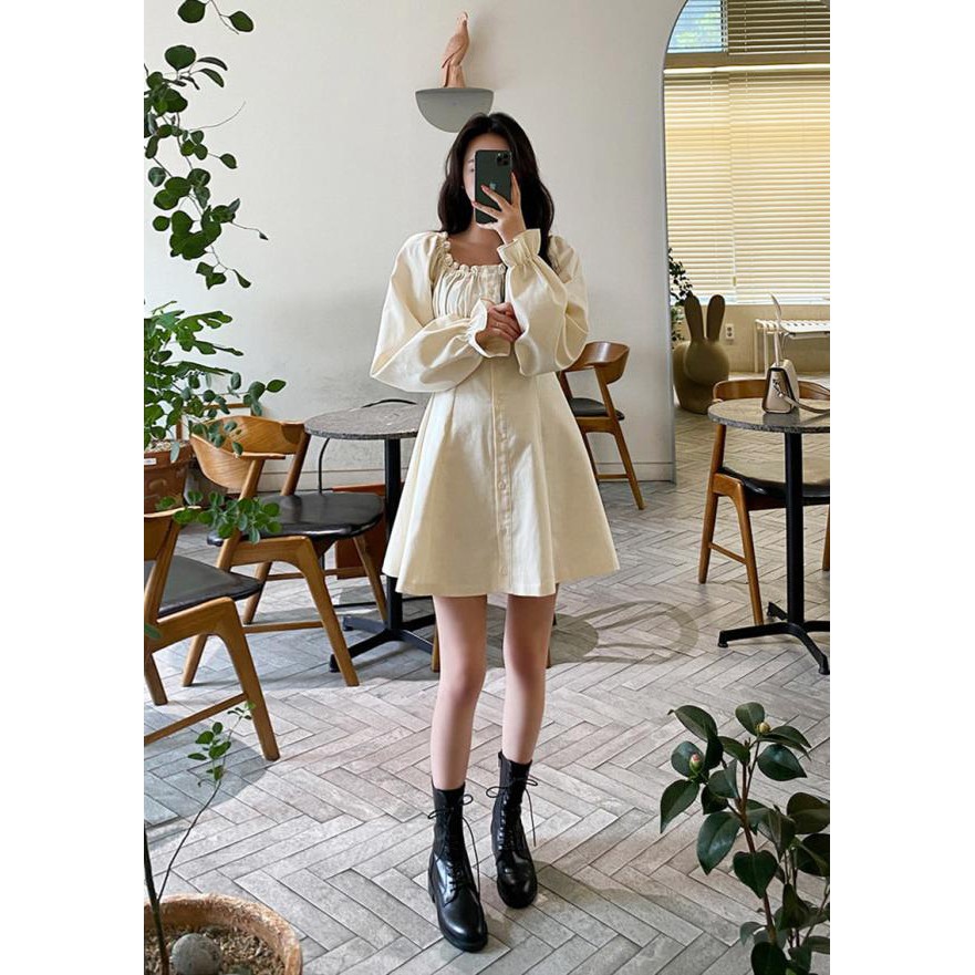 Đầm tiểu thư cổ vuông dài tay màu sắc trang nhã ulzzang vintage - u.w